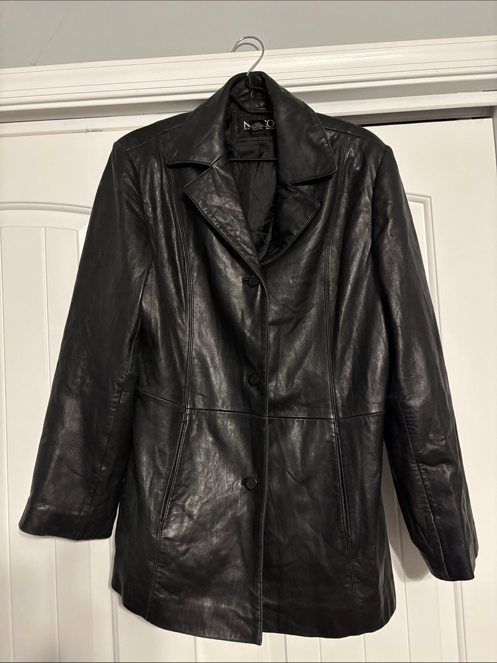 New York & Company Black Leather Button-Front Jacket